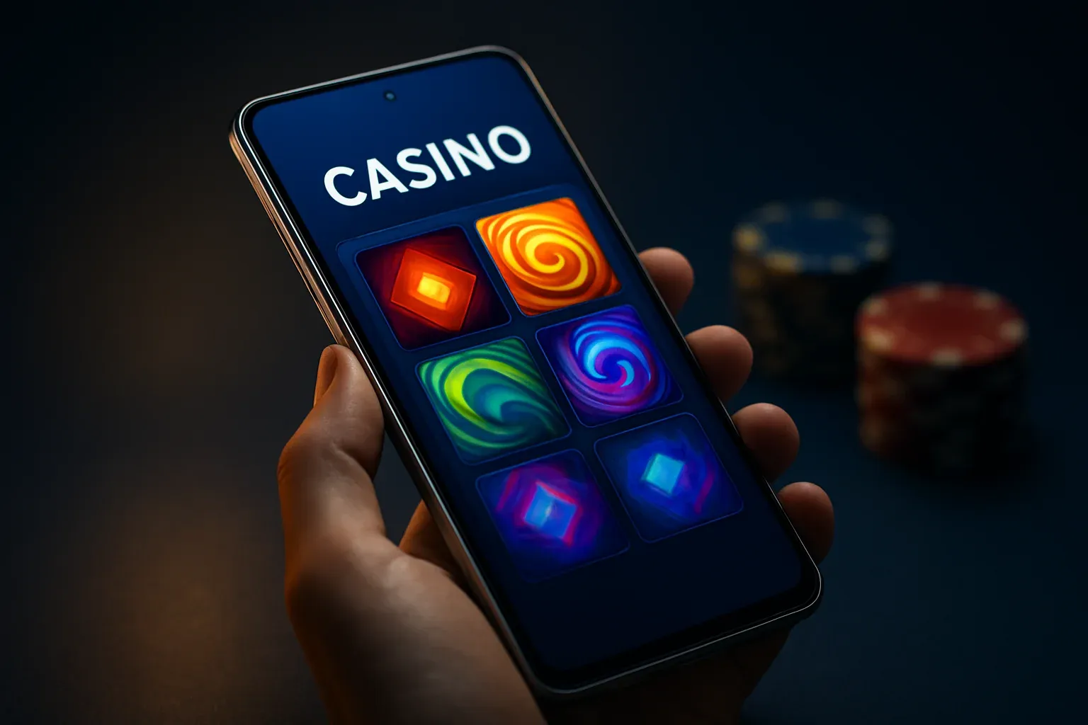 Hyperrealistic flagship Android smartphone showing vivid casino app interface, dramatic lighting