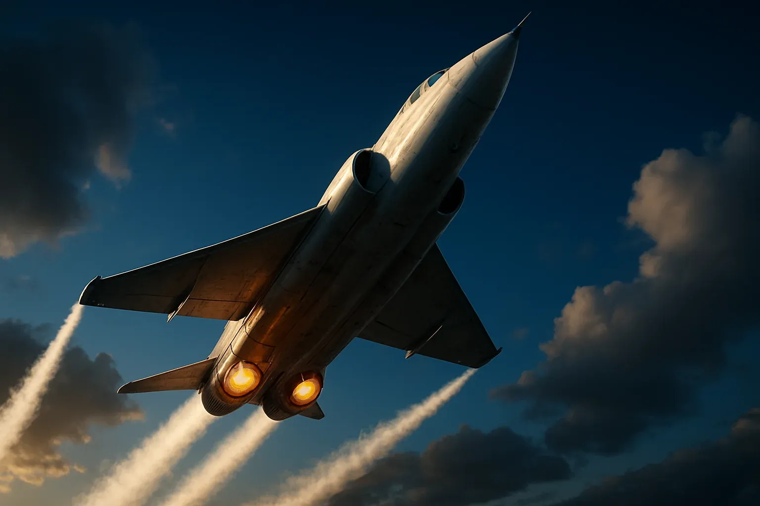 Hyperrealistic white jet climbing steeply in deep blue sky with contrails