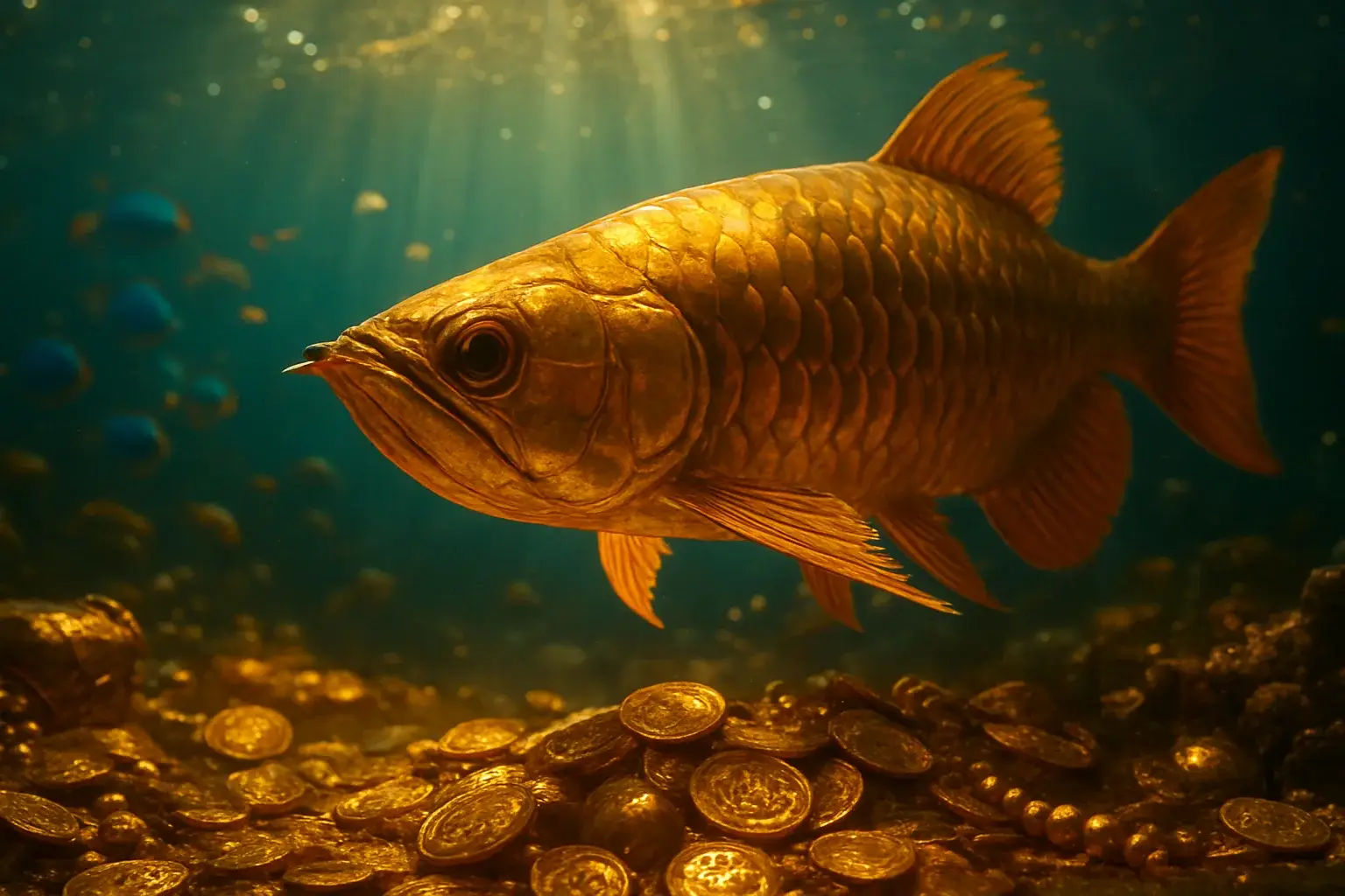 Hyperrealistic underwater golden dragon fish surrounded by glowing coins and treasure