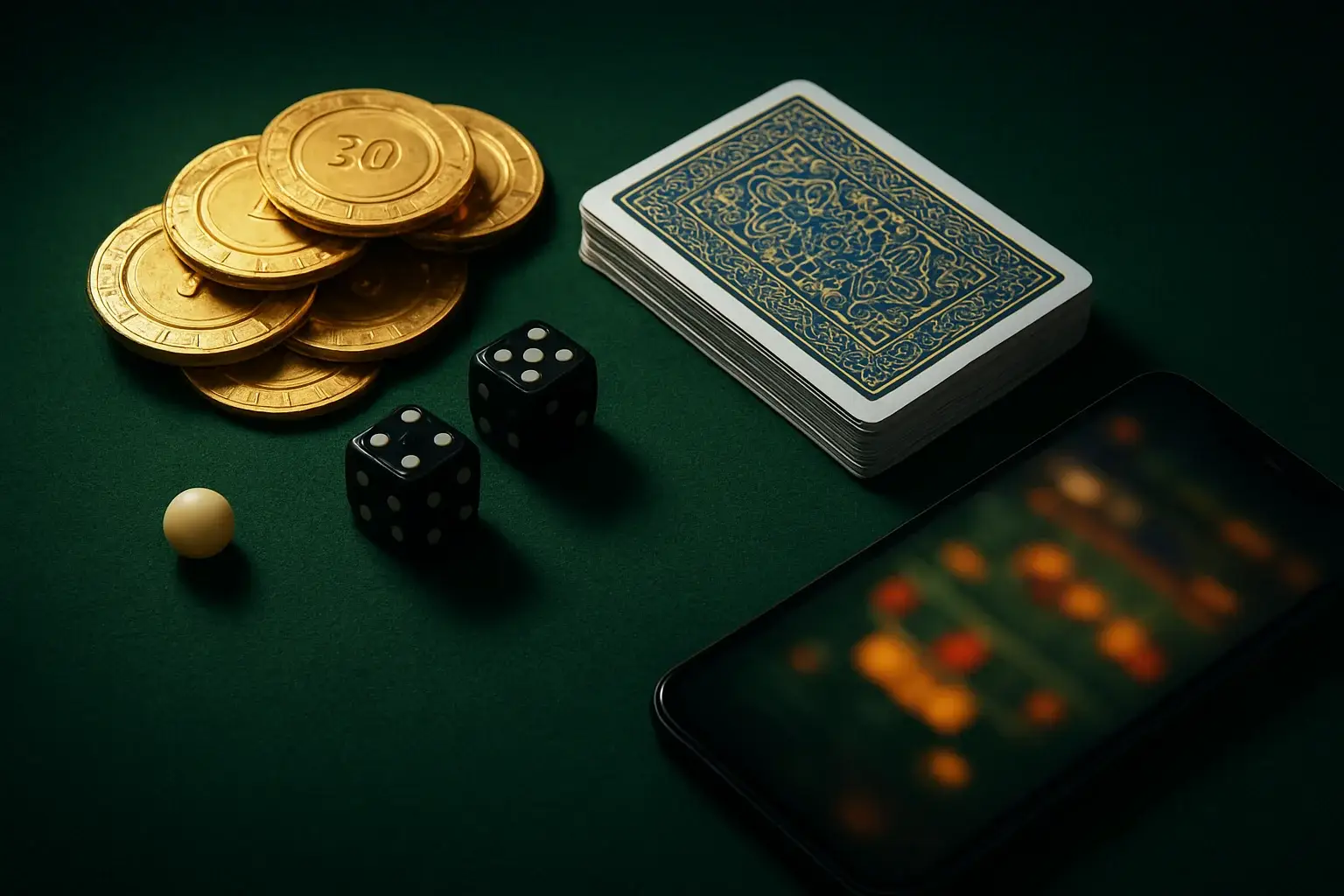 Top-down casino table with golden chips, cards, dice, roulette ball, smartphone