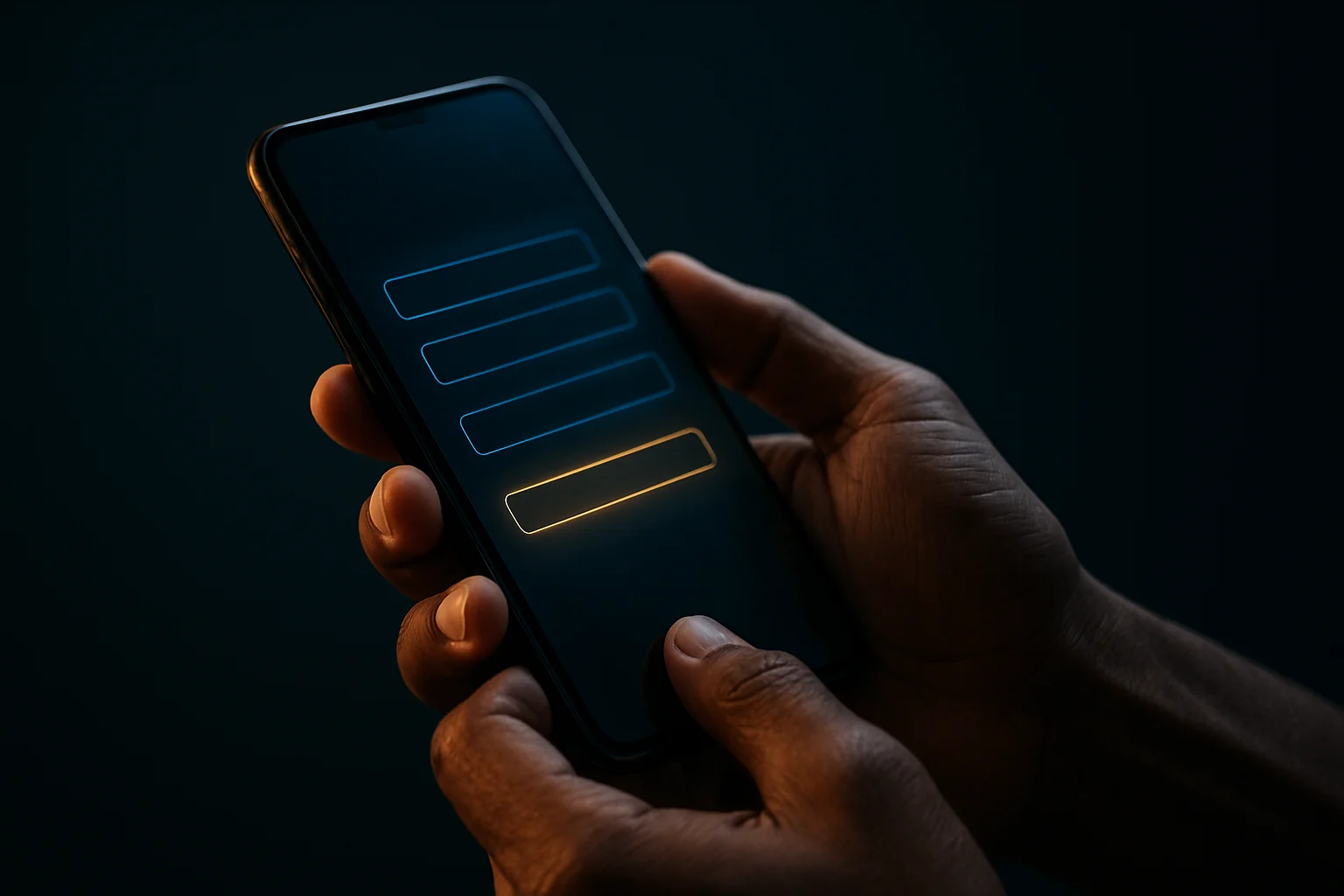 Filipino man hands holding smartphone with blurred registration screen, blue gold glow