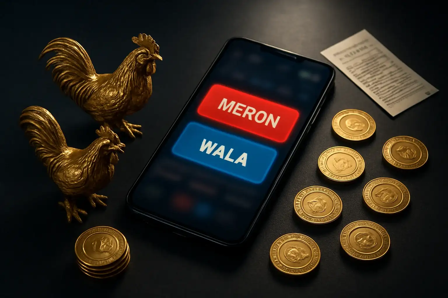 Smartphone with blurred sabong betting interface, golden roosters, peso coins and chips