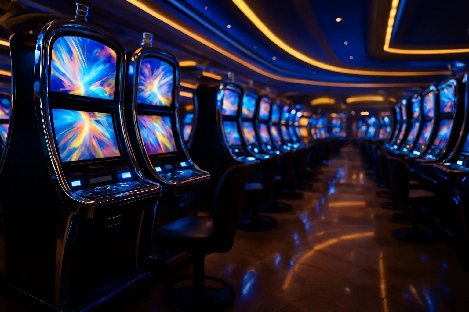 Hyperrealistic wide shot of Manila casino slots floor with blue gold lighting